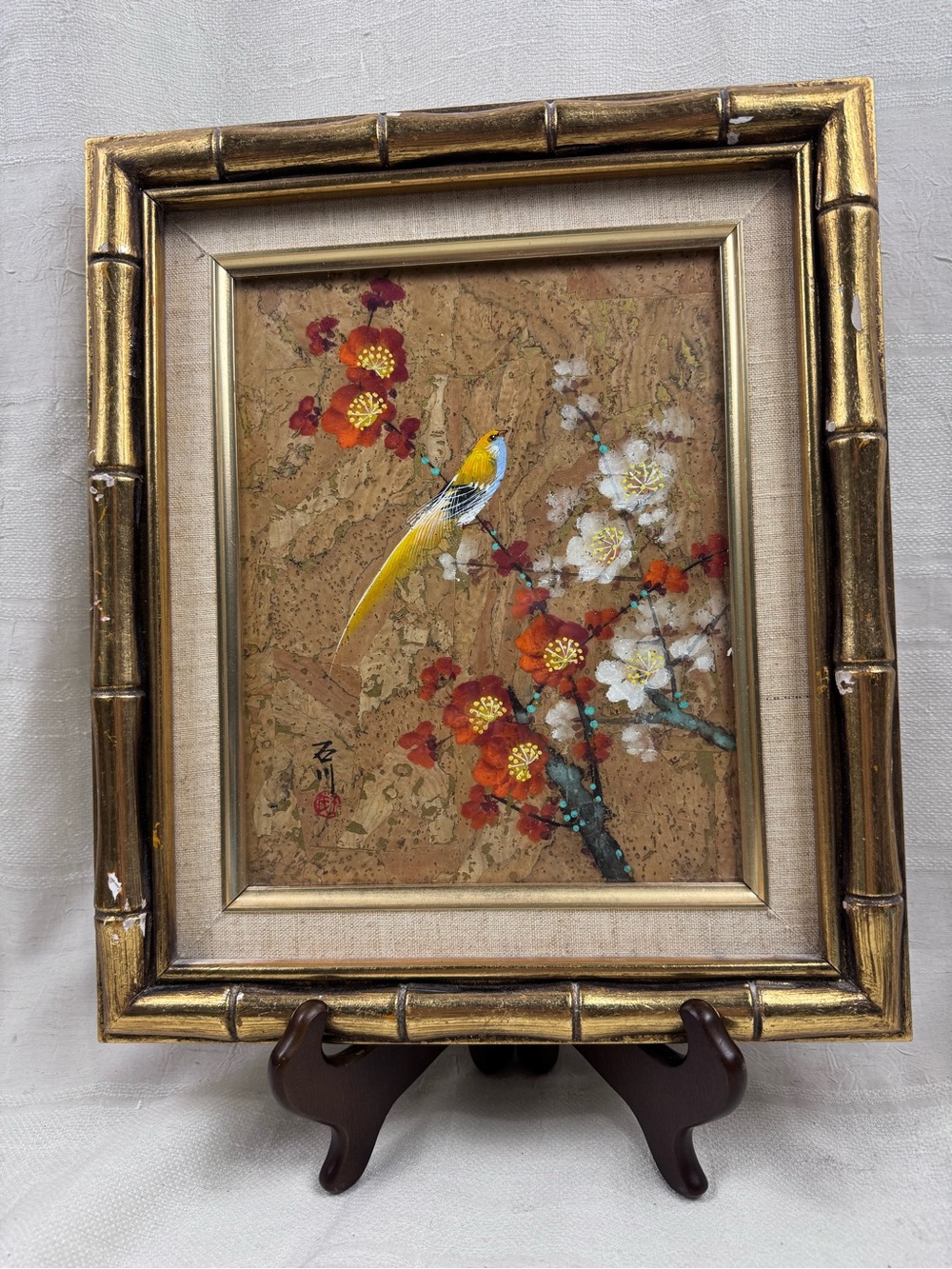 VTG Chinoiserie Signed Watercolor Painting on Cork Paper Springtime Bird Branch